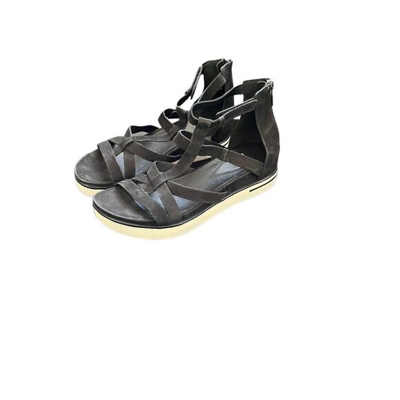 Eileen Fisher Sola Tumbled Nubuck Black Leather Back Zip Sandals Women's Size 7 - Picture 1 of 12
